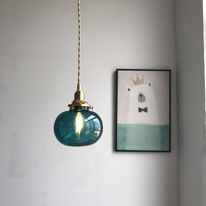 Traditional Japanese Brass Glass Pumpkin Shade 1-Light Pendant Light For Living Room
