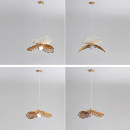 Traditional Vintage Wood Paper Rope Weaving Straw Hat Shape 1-Light Pendant Light For Living Room