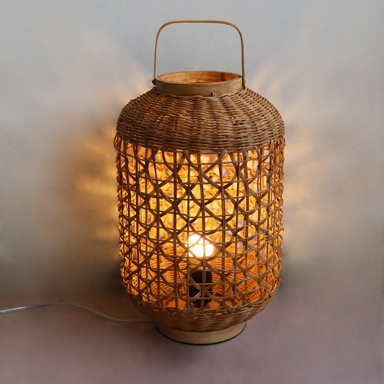 Traditional Vintage Cylinder Lantern Bamboo Rattan 1-Light Table Lamp For Living Room