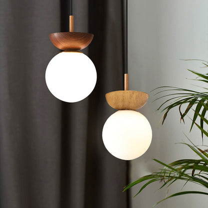 Nordic Japanese Glass Orb Wood Grain Iron 1-Light Ceiling Light