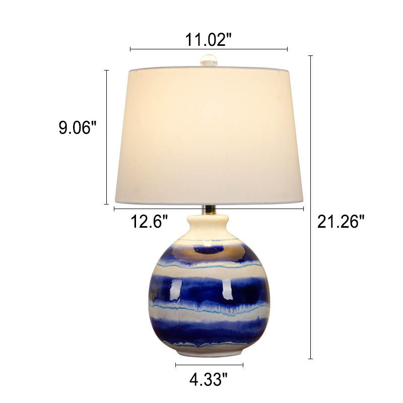 European Vintage White Cone Fabric Blue Ceramic 1-Light Table Lamp
