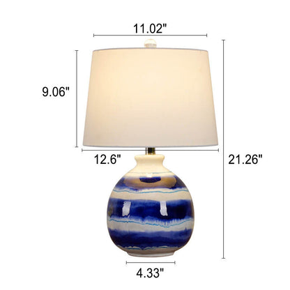 European Vintage White Cone Fabric Blue Ceramic 1-Light Table Lamp