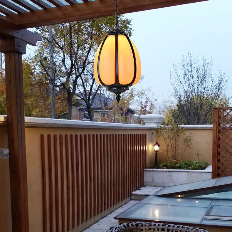 Traditional Chinese Waterproof Aluminum PC Dolomite Elliptical Pumpkin 1-Light Pendant Light For Ourdoor Patio