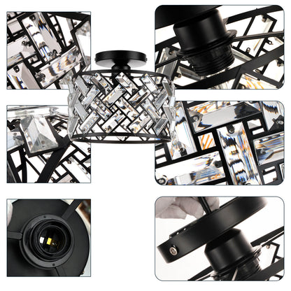 Modern Minimalist Round Metal Crystal 1-Light Semi-Flush Mount Ceiling Light For Living Room