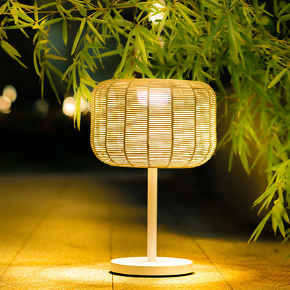 Contemporary Retro Solar Waterproof Weaving Rattan Metal Cylinder LED Landscape Lighting Outdoor Light For Outdoor Patio