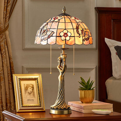 Tiffany Copper Goddess Statue Base Shell Decoration 2-Light Table Lamp