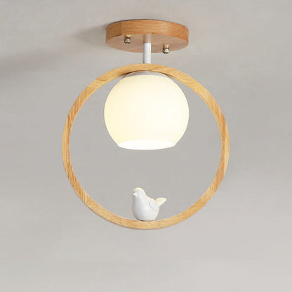 Modern Japanese Minimalist Log Bird Round 1-Light Semi-Flush Mount Ceiling Light