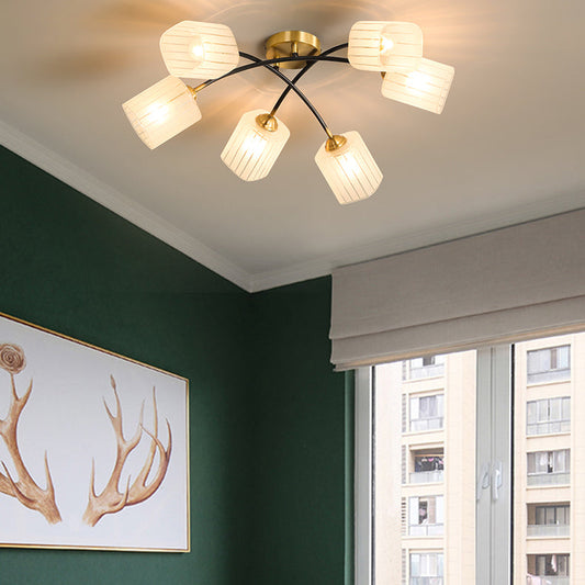 Nordic Vintage Frosted Square Glass Brass 6/8 Light Semi-Flush Mount Ceiling Light