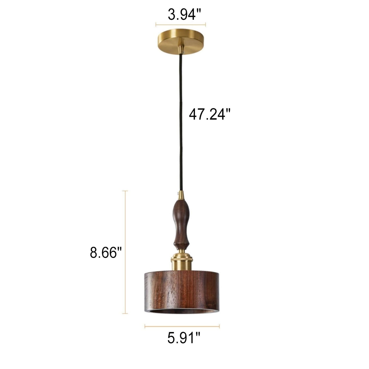 Japanese Brass Walnut Drum 1-Light Pendant Light