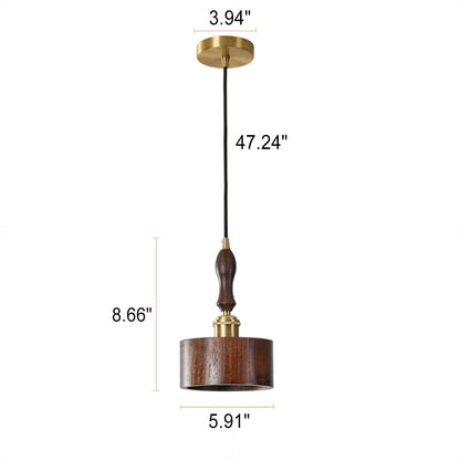 Japanese Brass Walnut Drum 1-Light Pendant Light