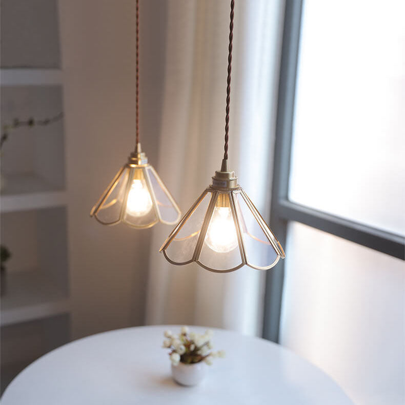 Japanese Vintage Cone Geometric Glass Copper 1-Light Pendant Light