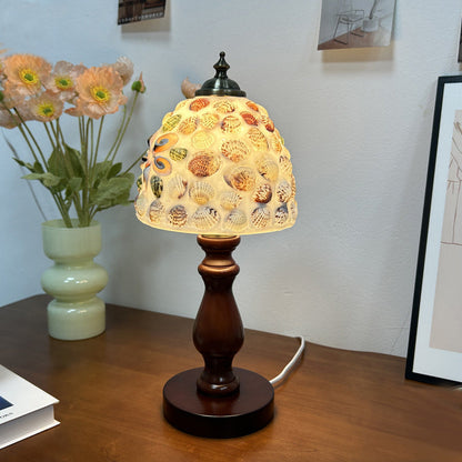 Traditional Vintage Wood Glass Hemispheroid Shell Lozenge 1-Light Table Lamp For Bedside