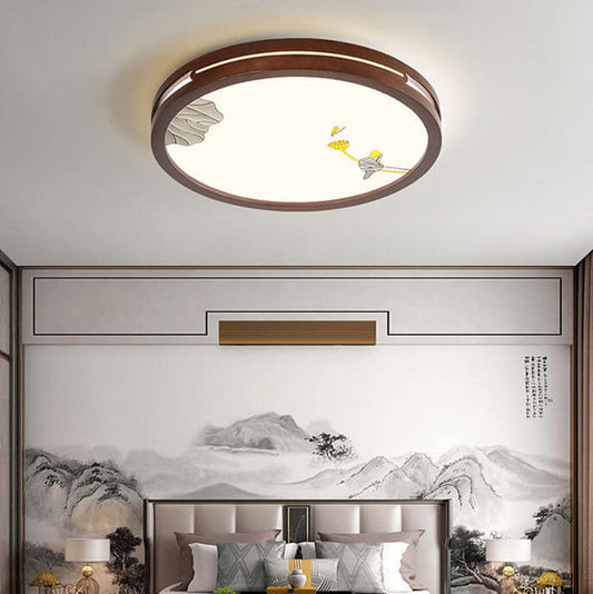 Modern Chinese Walnut Geometry Shape Acrylic LED Flush Mount Ceiling Light