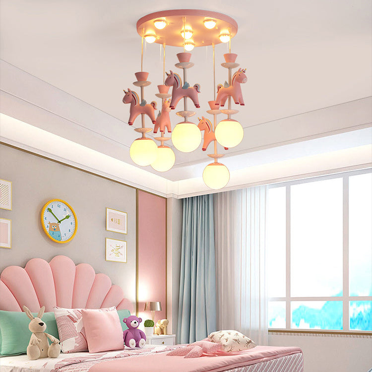 Modern Art Deco Kids Iron Resin Glass Round Base Ball Horse 1/3/5 Light Flush Mount Ceiling Light For Bedroom