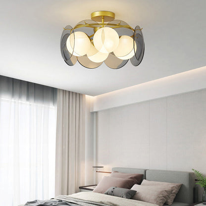 Modern Mid-Century Golden Finish Frame Glass Ball Shade 4/6-Light Semi-Flush Mount Ceiling Light For Living Room