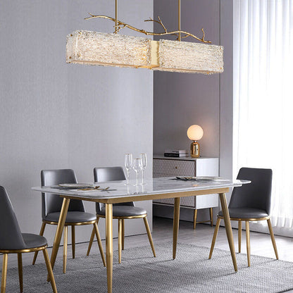 ثريا جزيرة LED زجاجية مستطيلة فاخرة من Nordic Light مصنوعة من النحاس بالكامل 