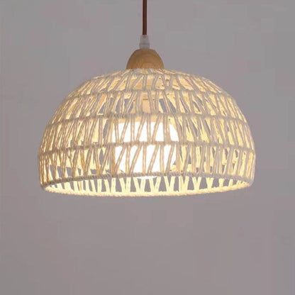 Contemporary Boho Wood Rattan Weaving Dome 1-Light Pendant Light For Dining Room