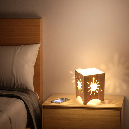 Japanese Harajuku Solid Wood Hollow Pattern Cube Acrylic 1-Light Table Lamp