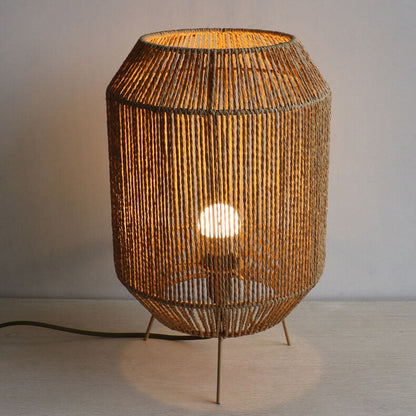 Traditional Rustic Hemp Rope Weaving Cage 1-Light Table Lamp For Study