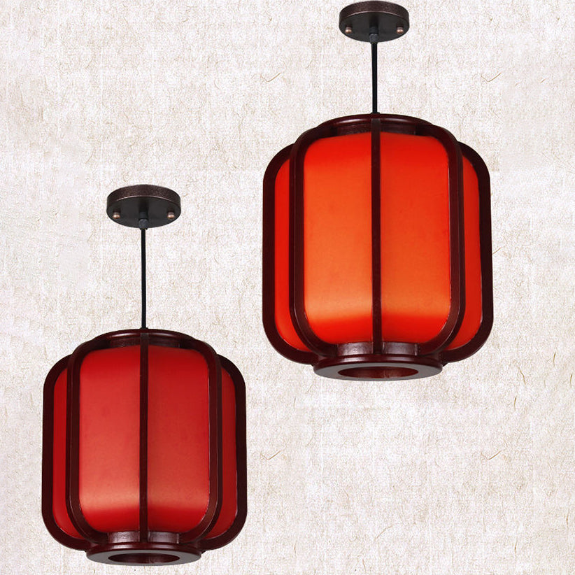 Modern Chinese Faux Sheepskin Wooden Lantern 1-Light Pendant Light