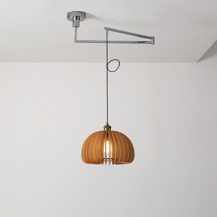 Traditional Vintage Wooden Pumpkin Shade Rocker Arm Telescopic 1-Light Pendant Light For Dining Room