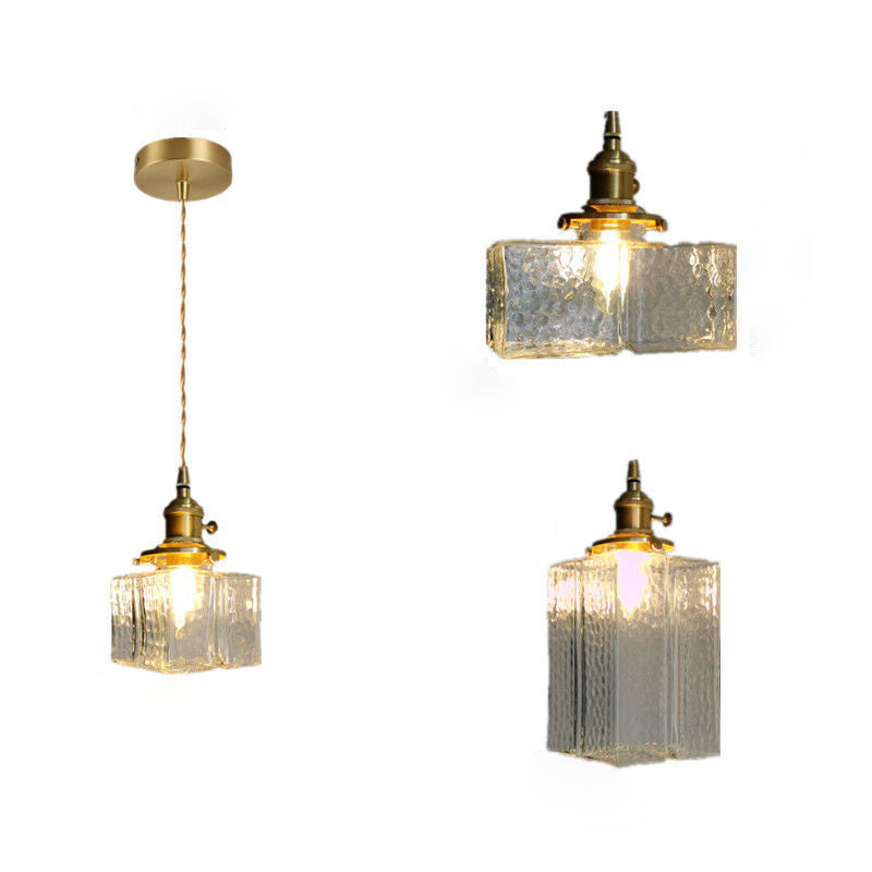 Traditional Japanese Glass Cube Shade Brass 1-Light Pendant Light For Living Room