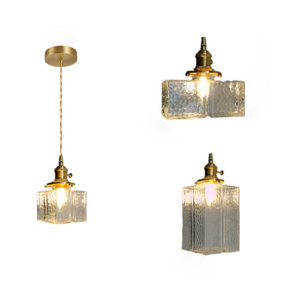 Traditional Japanese Glass Cube Shade Brass 1-Light Pendant Light For Living Room