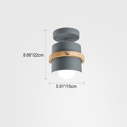 Contemporary Nordic Round Cylinder Iron Wood 1-Light Semi-Flush Mount Ceiling Light For Hallway