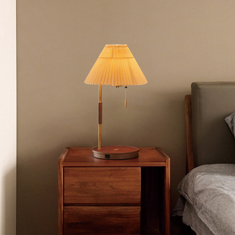 Modern Pleated Shade Walnut Wood Round Base 1-Light Table Lamp