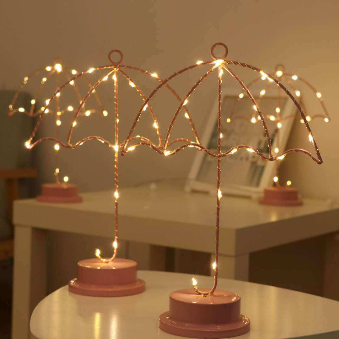 Creative Umbrella Pink Iron LED Decorative Battery USB Night Light Table Lamp
