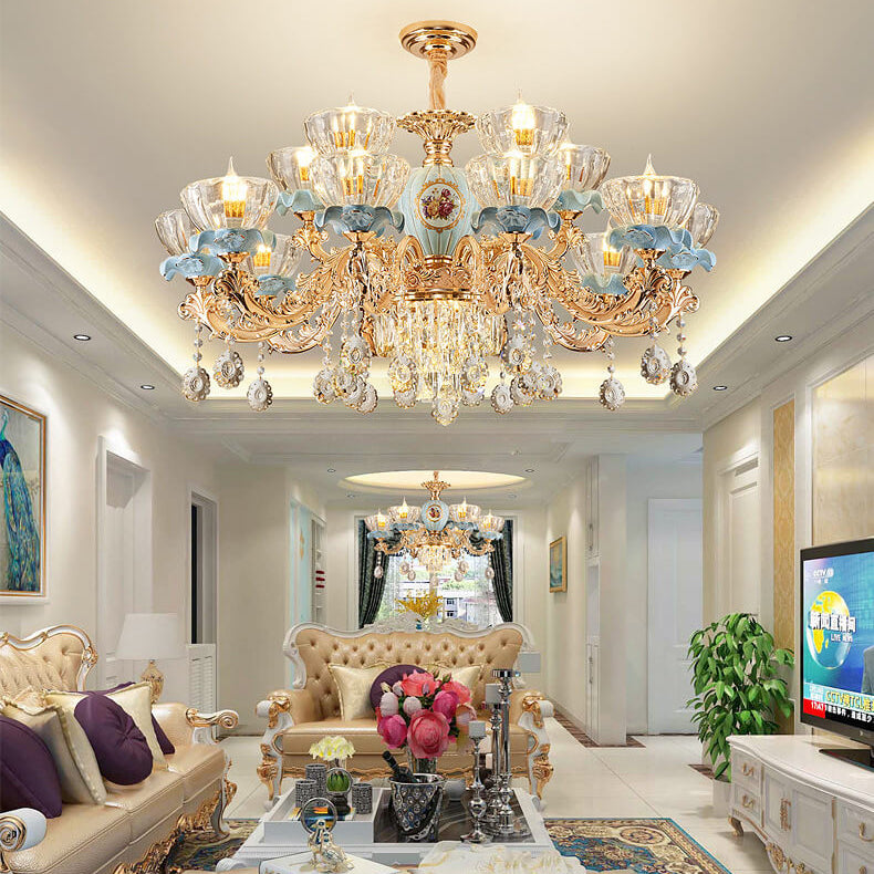 Traditional European Flower Candelabra Zinc Alloy Crystal Glass Ceramic 6/8/10/12 Light Chandelier For Living Room