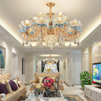 Traditional European Flower Candelabra Zinc Alloy Crystal Glass Ceramic 6/8/10/12 Light Chandelier For Living Room