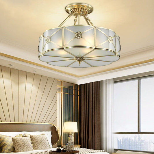 Modern Light Luxury Carving Copper Round Glass 4-Light Semi-Flush Mount Ceiling Light