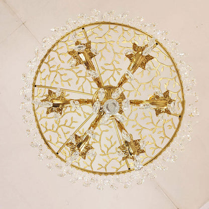 European Luxury Brass Carved Crystal Dome 6/8 Light Chandelier
