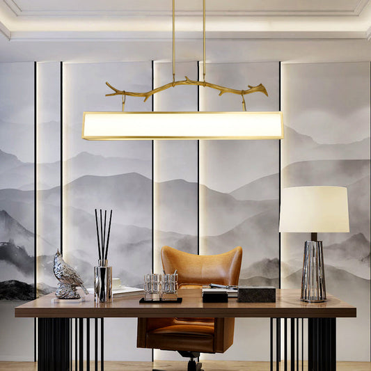 Modern Art Deco Full Copper Branch Fabric Rectangle Shade 1-Light Island Light Pendant Light For Living Room
