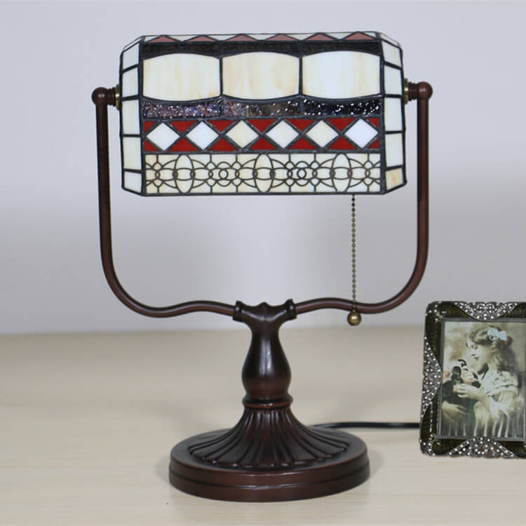 Traditional Tiffany Geometric Stained Glass Bank Pull Cord 1-Light Table Lamp For Home Office