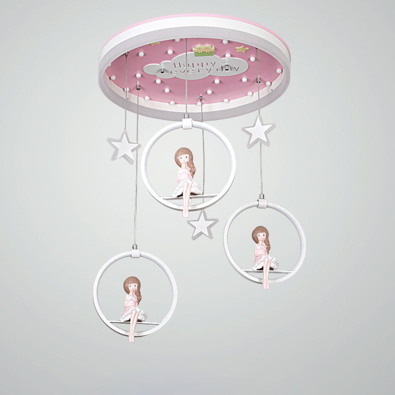 Modern Art Deco Round Astronaut Fairy Princess Acrylic Iron LED Flush Mount Ceiling Light For Bedroom