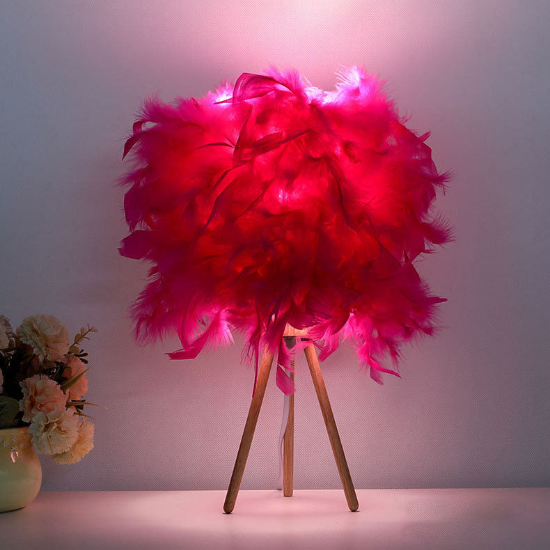 Modern Art Deco Feather Wood Cylinder Triangle Base 1-Light Table Lamp For Bedside