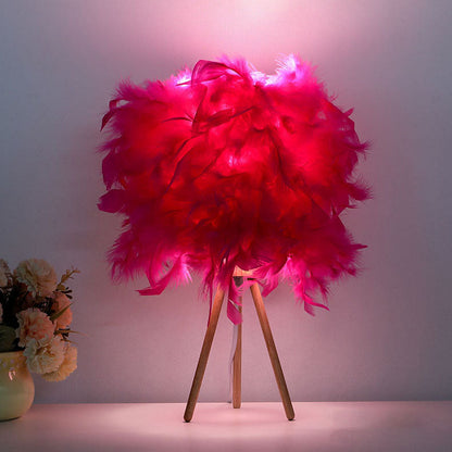 Modern Art Deco Feather Wood Cylinder Triangle Base 1-Light Table Lamp For Bedside