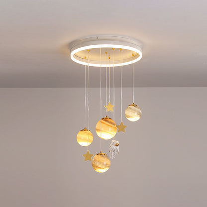 Contemporary Scandinavian Space Planet Acrylic Glass Round Shade LED Kids Flush Mount Ceiling Light For Bedroom