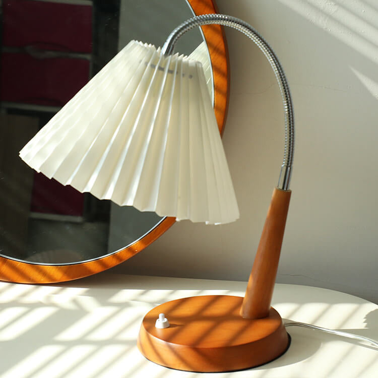 French Vintage Pleated Solid Wood Base Curved Arm 1-Light Table Lamp