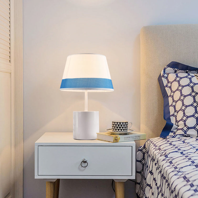 Traditional Farmhouse Fabric Metal Conic Cylinder Base 1-Light Table Lamp For Bedside