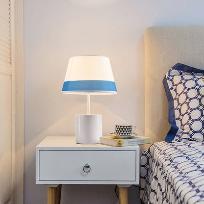 Traditional Farmhouse Fabric Metal Conic Cylinder Base 1-Light Table Lamp For Bedside