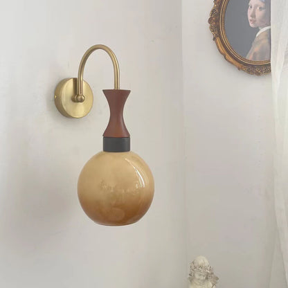 Retro Wooden Iron Lamp Arm Glass Ball 1-Light Wall Sconce Lamp