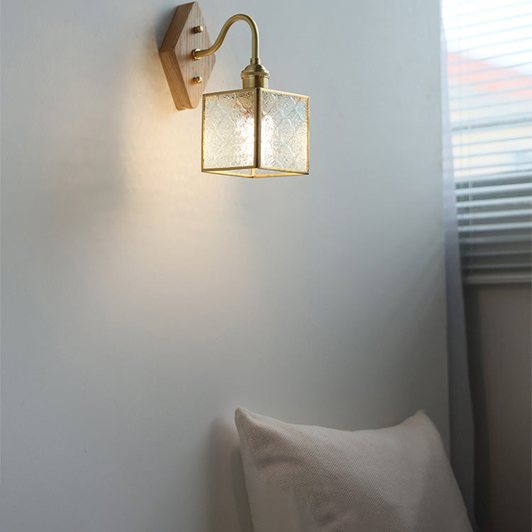 Traditional Vintage Square Copper Glass Wood 1-Light Wall Sconce Lamp For Bedroom