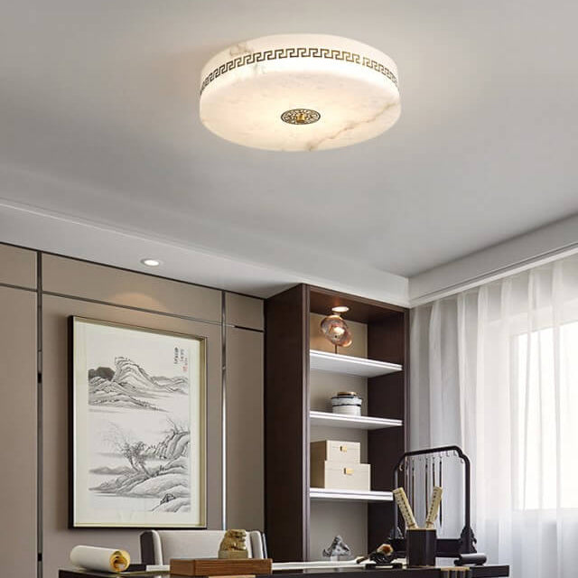 Modern Chinese Marble Round Copper Texture LED Flush Mount Ceiling Light