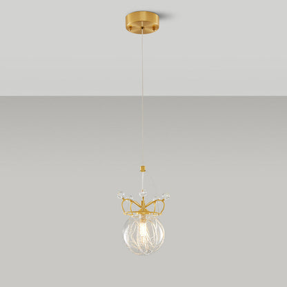 Modern Luxury Crown Orb All Brass Glass 1-Light Pendant Light For Bedroom