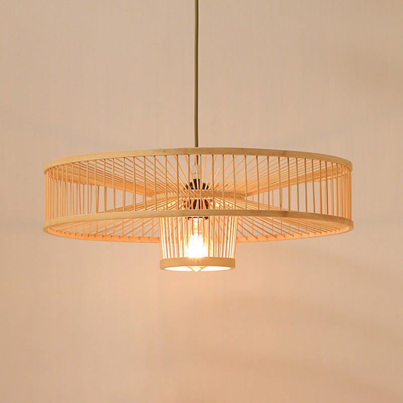 Traditional Chinese Bamboo Weaving Round 1-Light Pendant Light For Dining Room