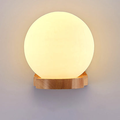 Modern Minimalist Orb Shape Wood Glass 1-Light Wall Sconce Lamp For Bedroom