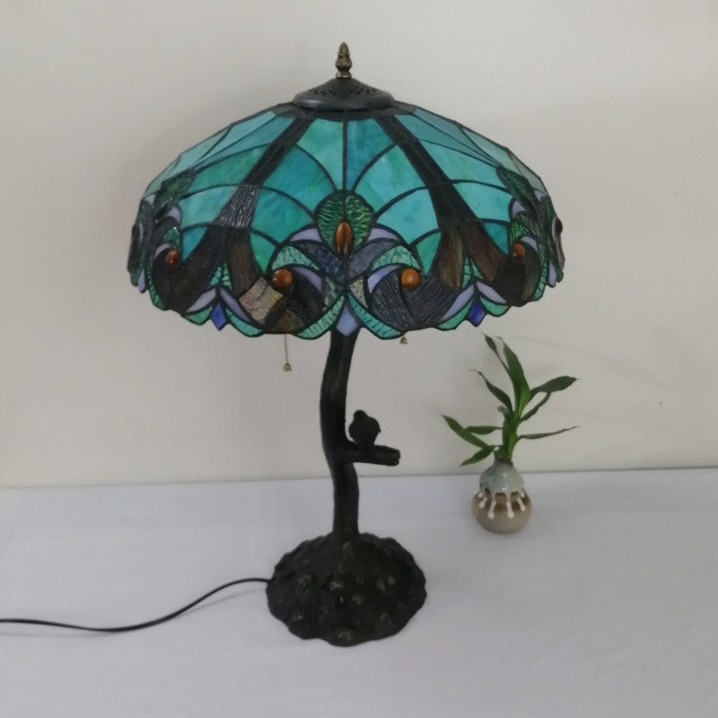 Traditional Tiffany Flower Stained Glass Resin Base 2-Light Table Lamp For Living Room